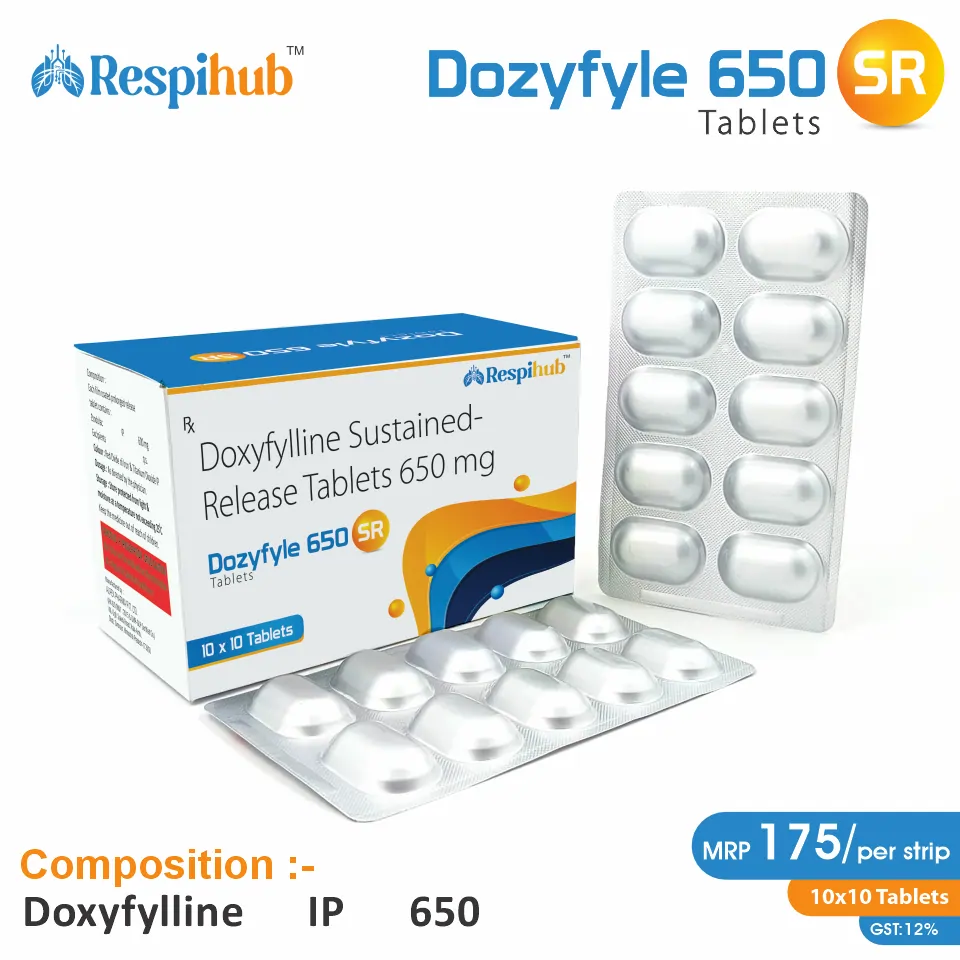 Doxofylline (650mg) SR Tablet at the best price in PCD Pharma Franchise for Bronchodilator, Asthma, and COPD Treatment.